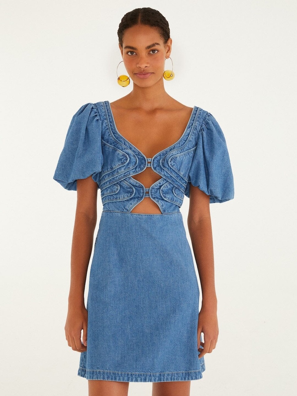 FARM Rio Blue Denim Puff-Sleeve Wavy Cutout Mini Dress - Picture 1 of 2